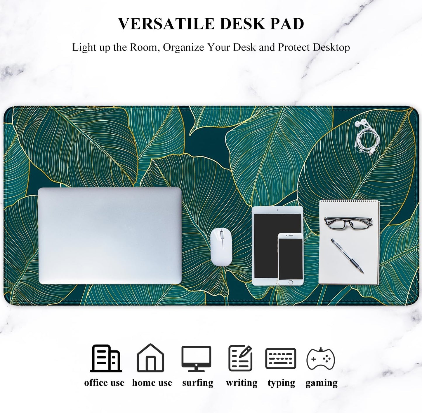 Extra Large Desk Mat with Tropical Leaf Design, Extended Gaming Mouse Pad for Keyboard and Laptop, 35.5 x 15.7 inches