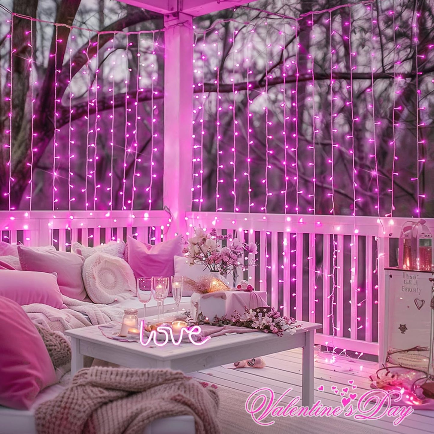 300 LED Pink Curtain Lights with Remote Control - Versatile Indoor/Outdoor Décor for Bedrooms, Parties, and Special Occasions, 9.8 x 9.8 Ft
