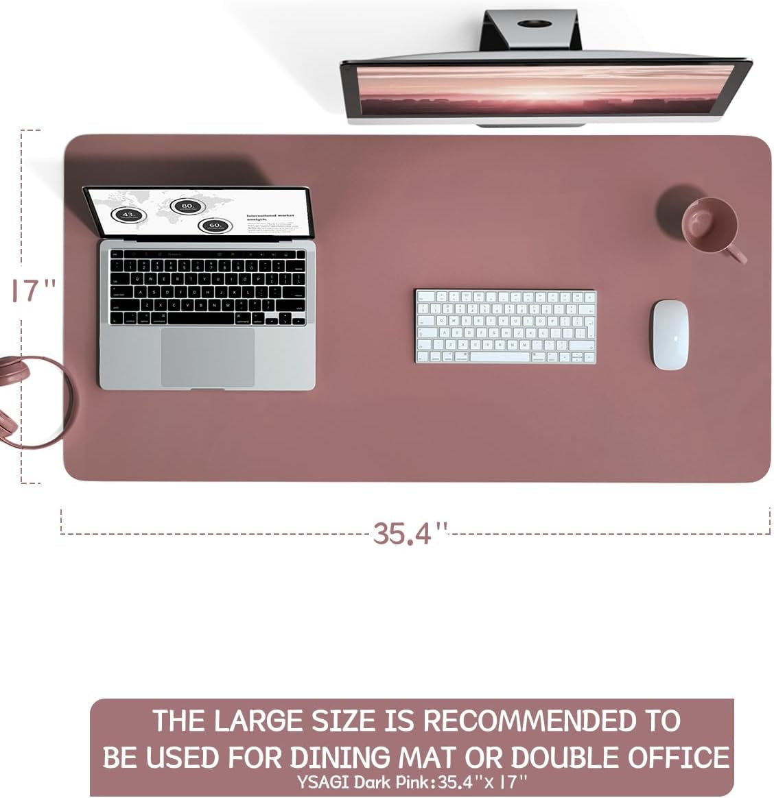 Large Non-Slip Leather Desk Pad – Waterproof Laptop and Keyboard Mat, Table Protector Blotter, Ideal for Office, Home, and Decor (Dark Pink, 35.4" x 17")
