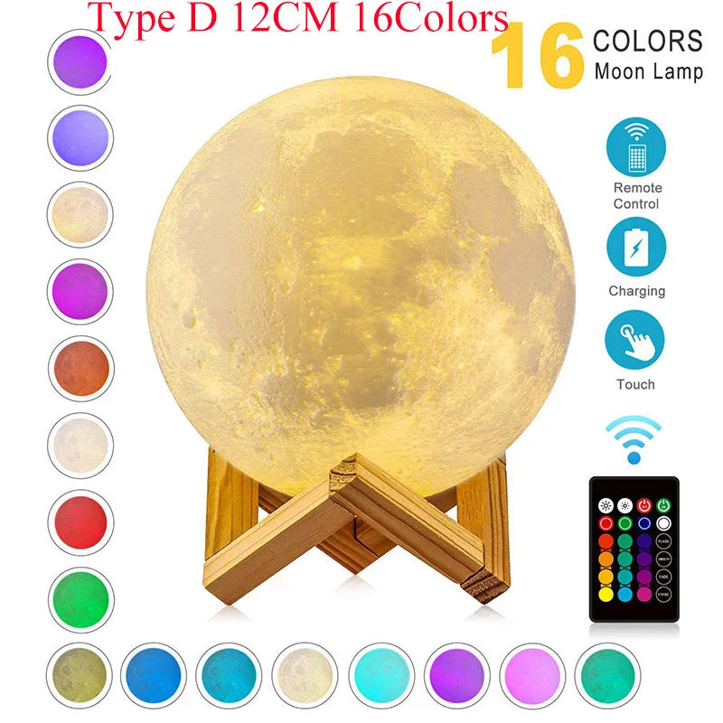 ZK30 Floating 3D Printed LED Moon Lamp with Wooden Base and Magnetic Suspension in Three Colors