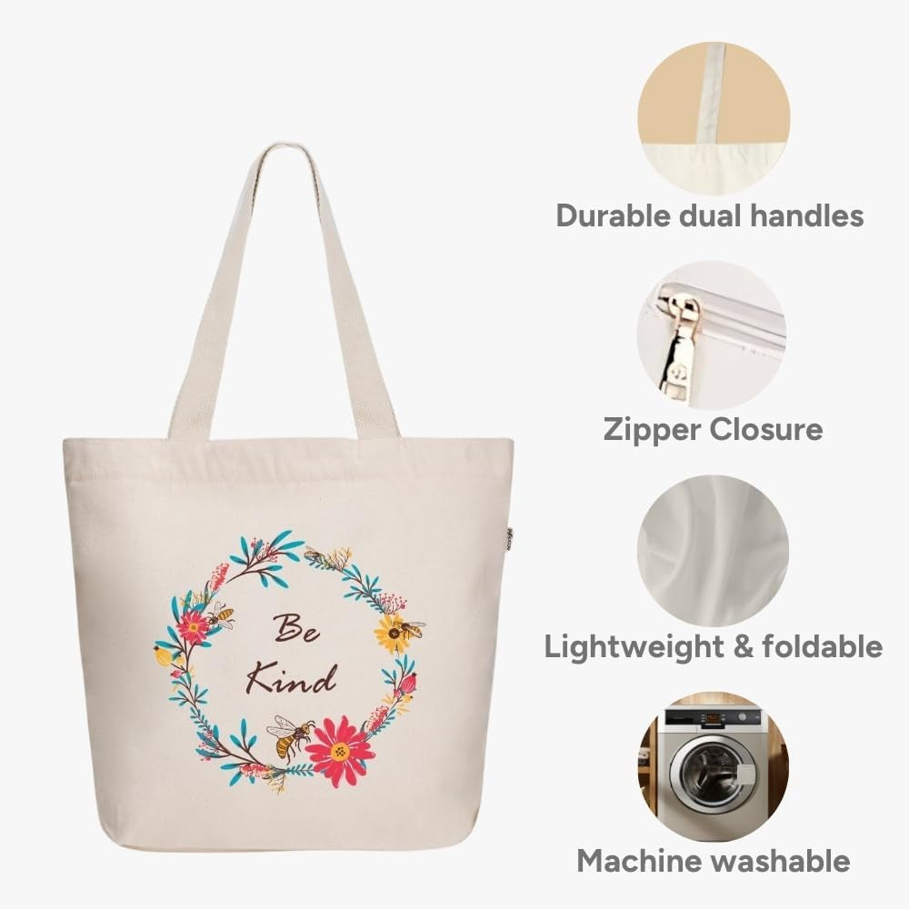 Ecoright Women's Aesthetic Large Canvas Tote Bag with Zipper and Pocket for Yoga, Work, and Beach Activities