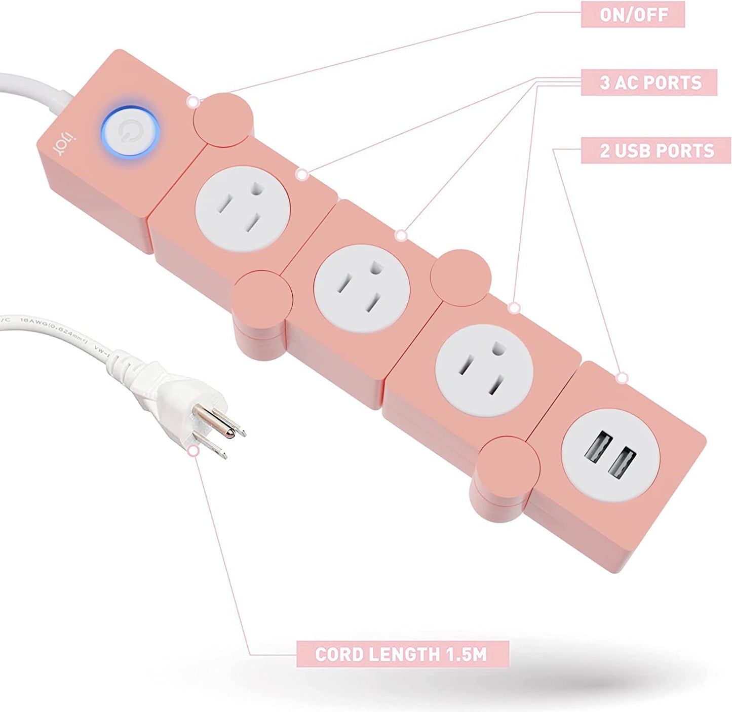 Flexible Power Strip with 3 AC Outlets and 2 USB Charging Ports, Pink Extension Cord, Surge Protection, Decorative Outlet Extender for Home and Office Use