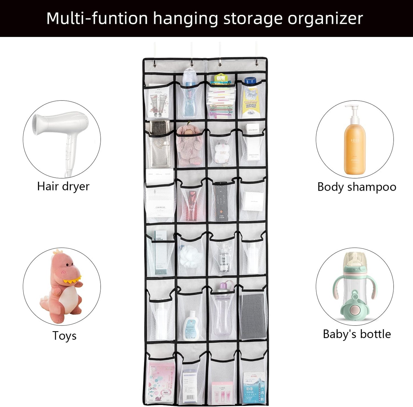 Over-the-Door Shoe Organizer with 24 Large Mesh Pockets - Versatile Hanging Storage Solution for Men, Women, and Kids (White)