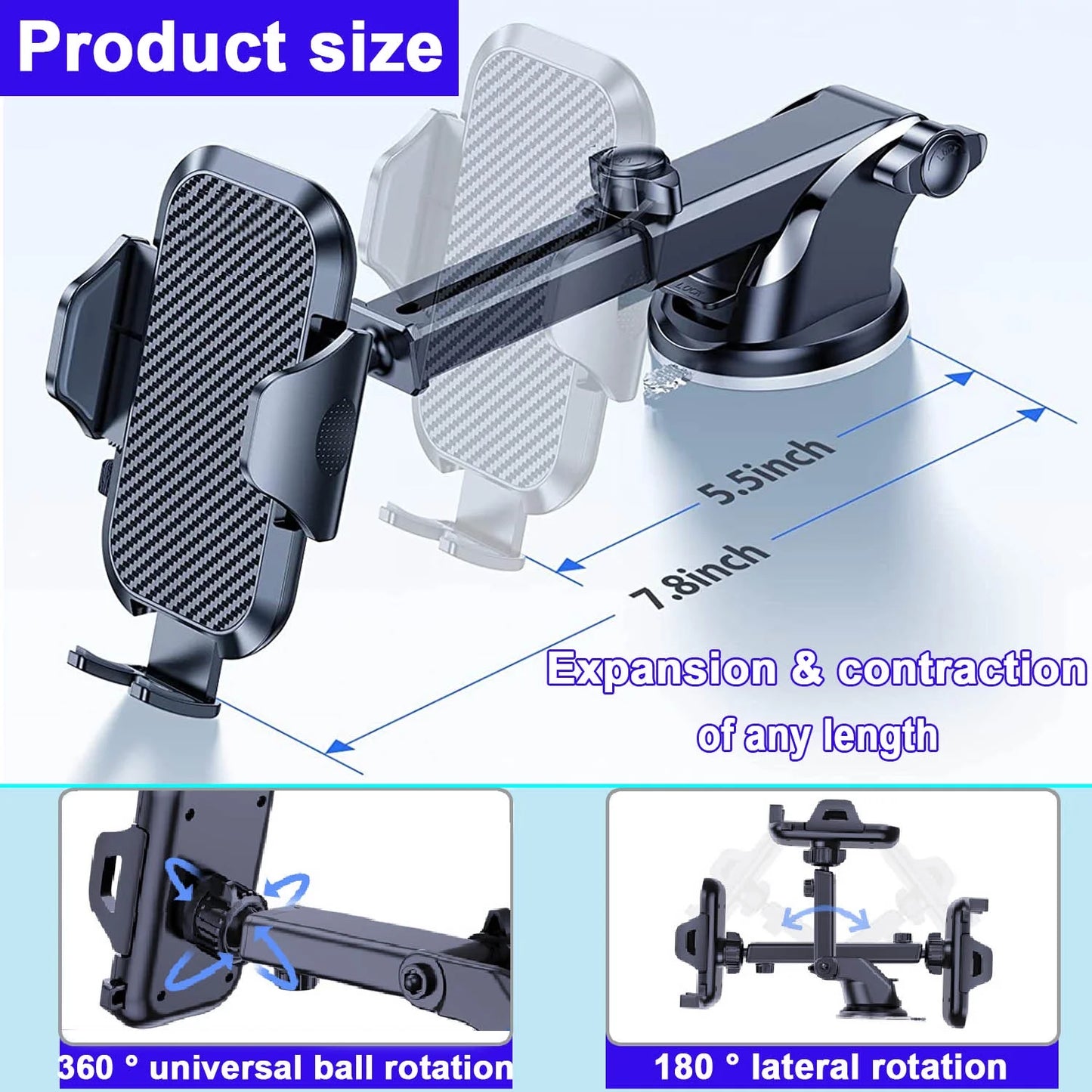 Universal Car Phone Mount with Air Vent Clip and Adjustable Long Arm for All Smartphones