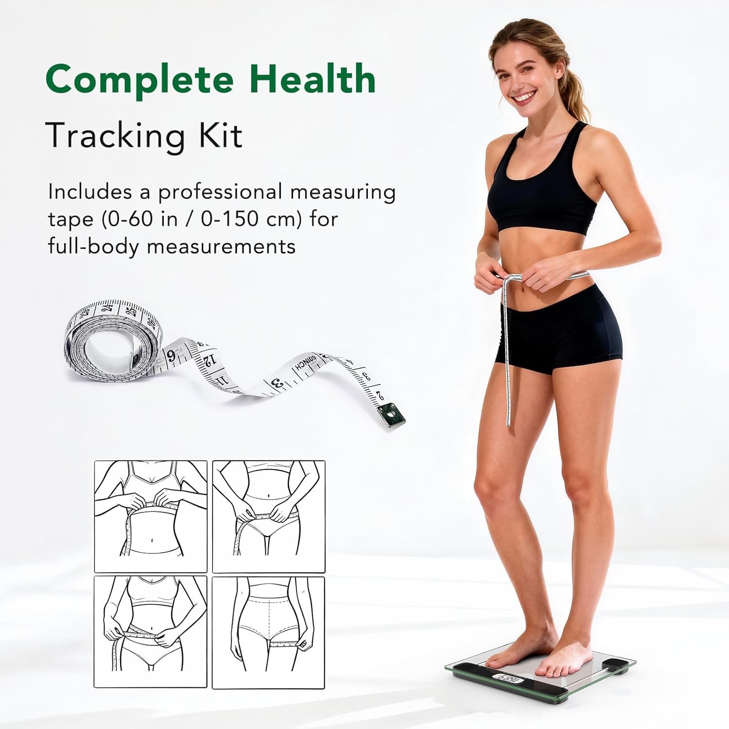Digital Body Weight Scale with 400 lb Capacity, LCD Display, Step-On Technology, Tempered Glass, Includes Measuring Tape