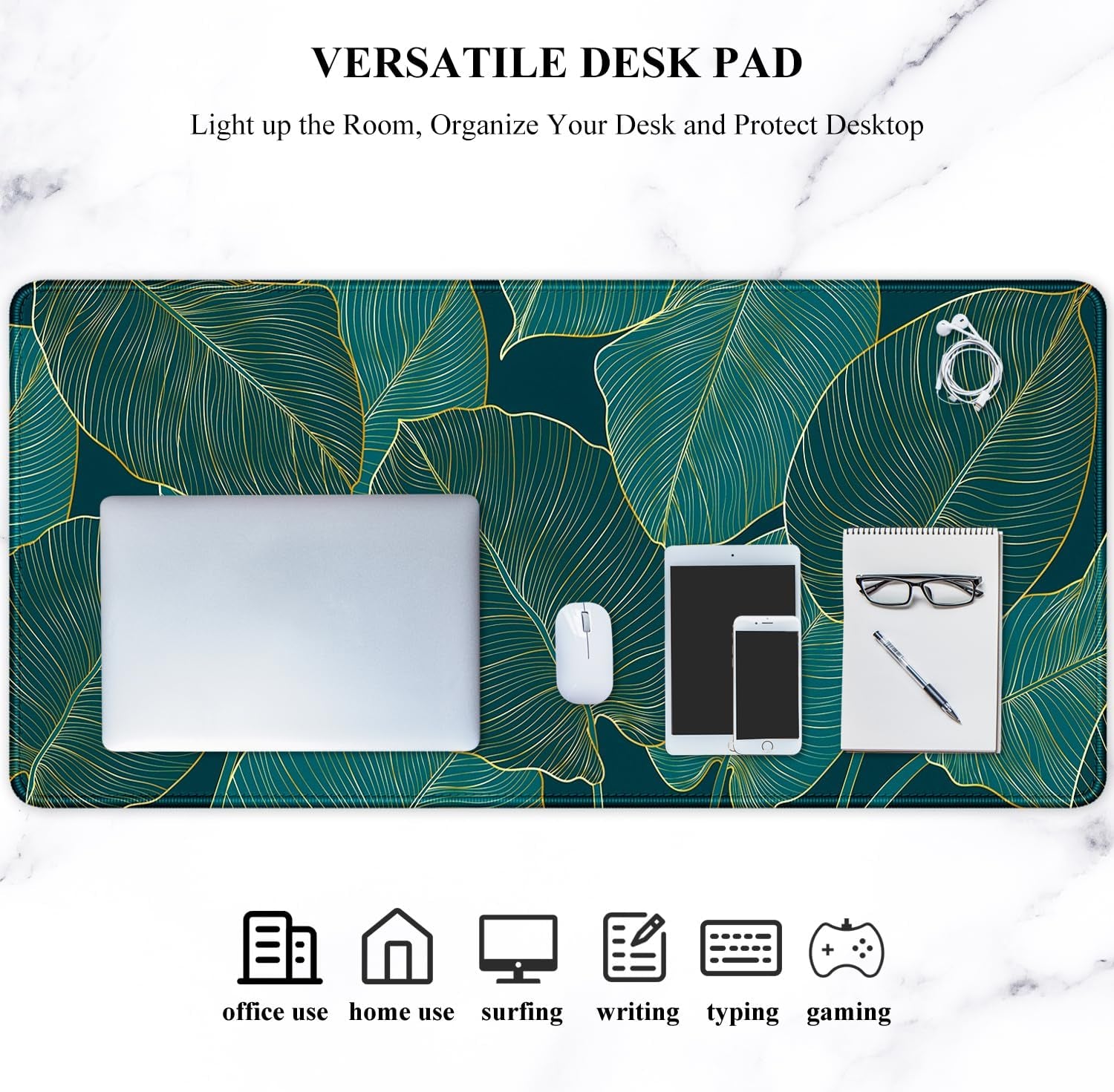 Extra Large Desk Mat with Tropical Leaf Design, Extended Gaming Mouse Pad for Keyboard and Laptop, 35.5 x 15.7 inches