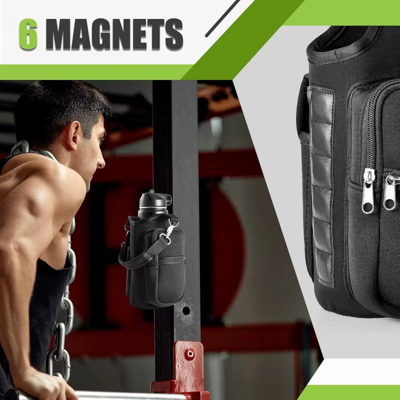 Magnetic Gym Water Bottle Holder with Phone Pocket and Shoulder Strap - Features 6 Built-In Magnets