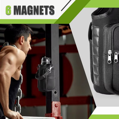 Magnetic Gym Water Bottle Holder with Phone Pocket and Shoulder Strap - Features 6 Built-In Magnets