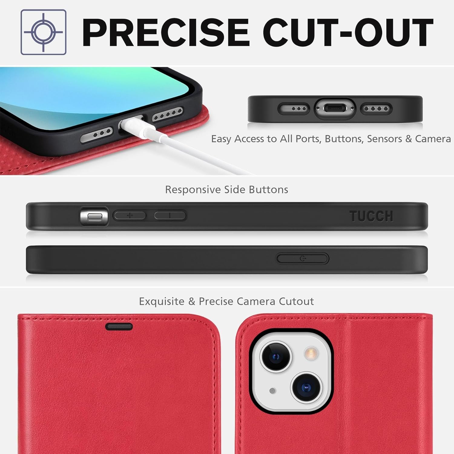 iPhone 13 6.1-Inch Wallet Case with RFID Blocking, Card Slots, Shockproof TPU Interior, PU Leather Magnetic Flip Cover - Red