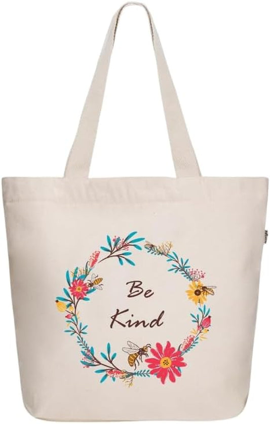 Ecoright Women's Aesthetic Large Canvas Tote Bag with Zipper and Pocket for Yoga, Work, and Beach Activities