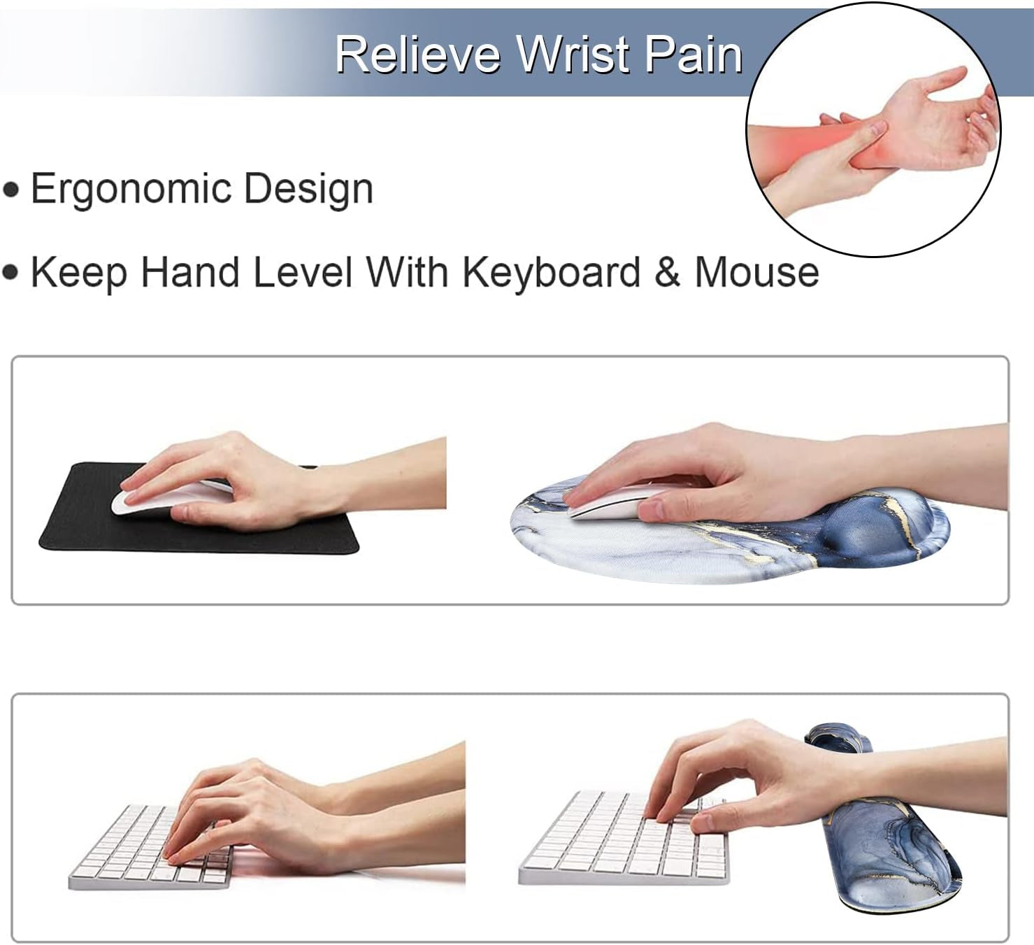 Ergonomic Dark Blue Marble Mouse Pad and Keyboard Wrist Rest Set with Non-Slip Base and Coasters for Enhanced Comfort and Pain Relief in Home and Office