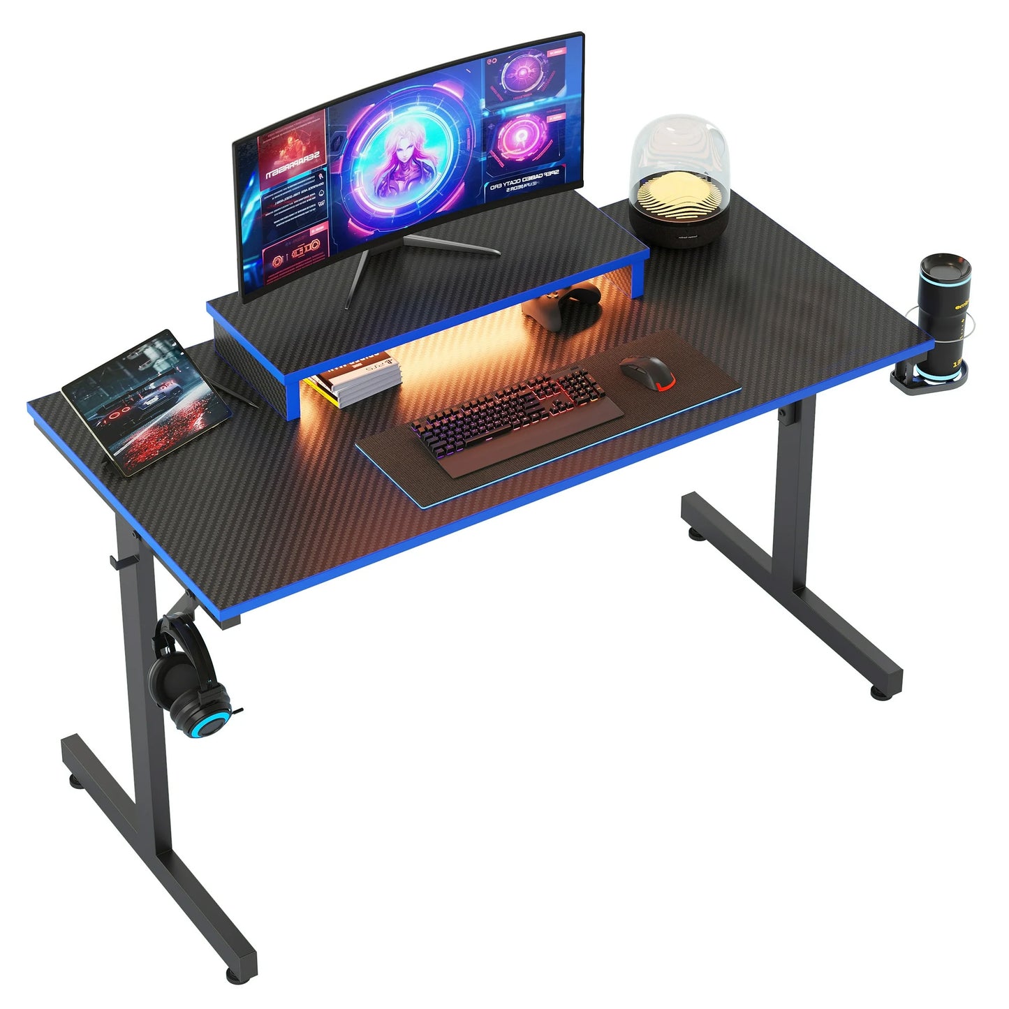 42-Inch Gaming Desk with LED Lights, Monitor Stand, Hook, and Cup Holder in Blue