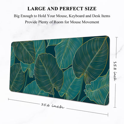 Extra Large Desk Mat with Tropical Leaf Design, Extended Gaming Mouse Pad for Keyboard and Laptop, 35.5 x 15.7 inches