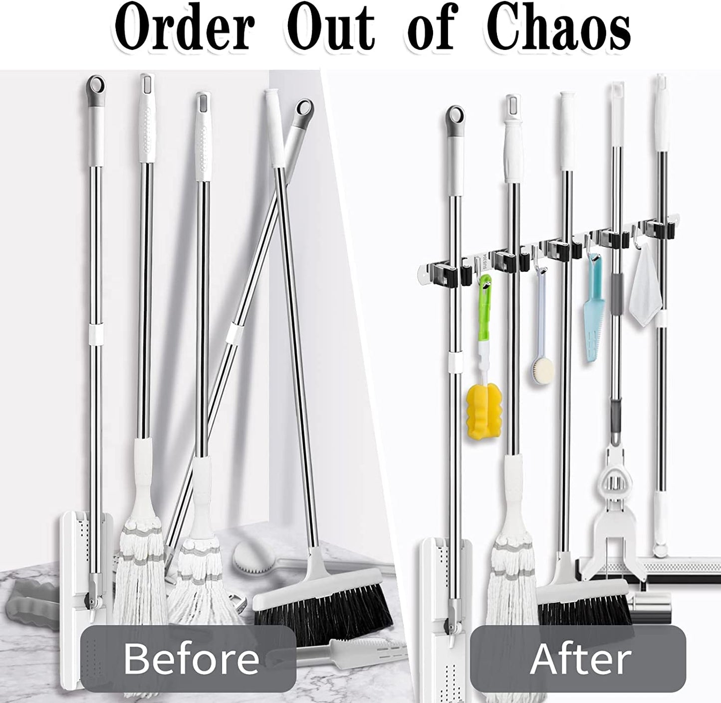 Heavy-Duty Stainless Steel Wall-Mounted Broom Holder with 5 Holders and 4 Hooks, Nail Installation and Self-Adhesive Storage Solutions