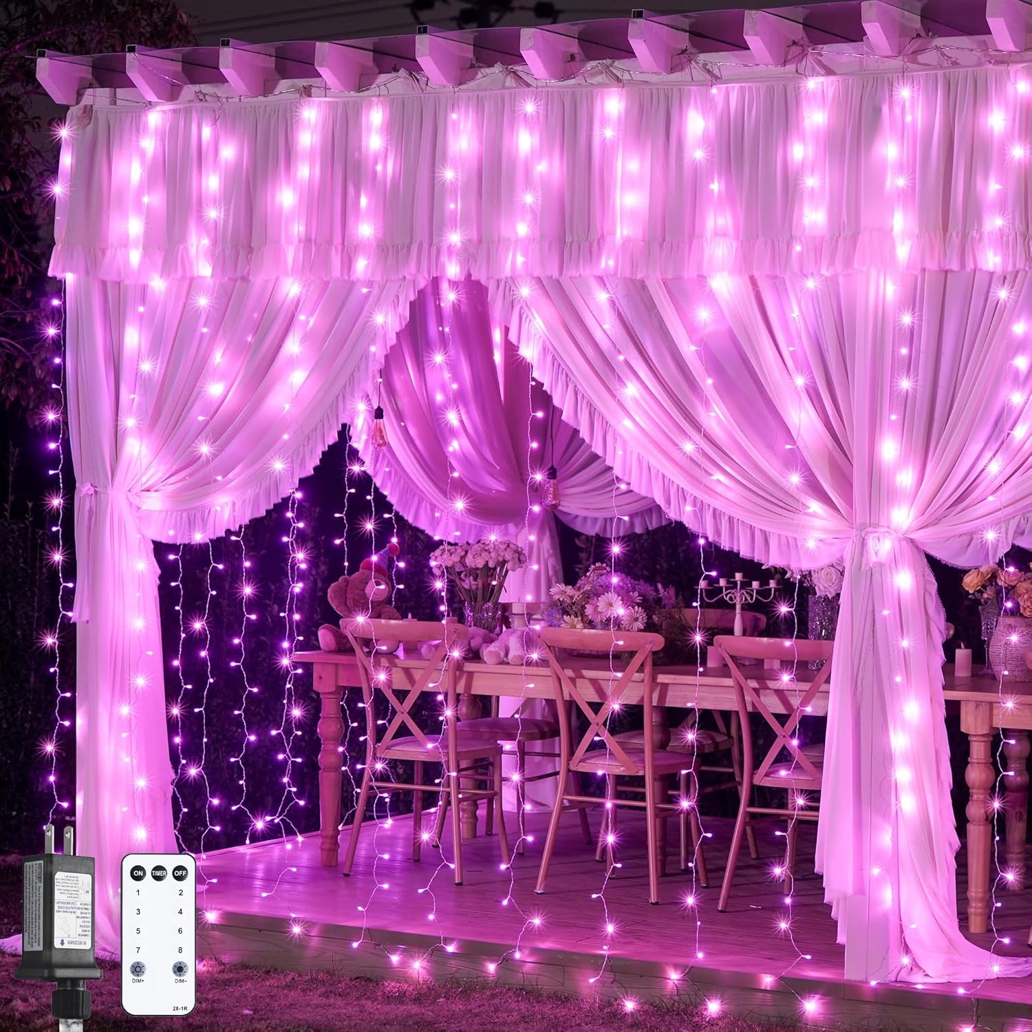 300 LED Pink Curtain Lights with Remote Control - Versatile Indoor/Outdoor Décor for Bedrooms, Parties, and Special Occasions, 9.8 x 9.8 Ft