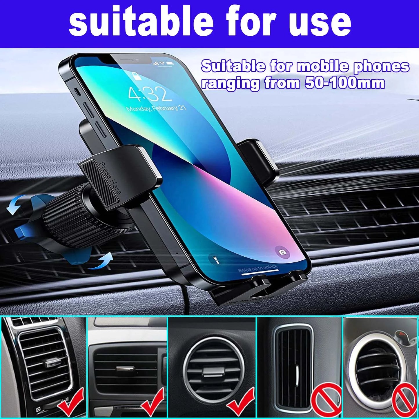 Universal Car Phone Mount with Air Vent Clip and Adjustable Long Arm for All Smartphones