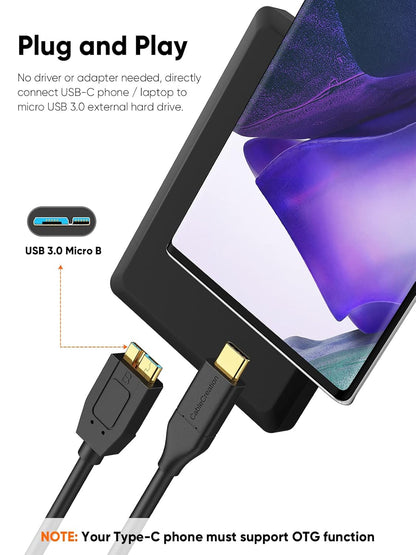 4FT USB-C to Micro B Cable, 10Gbps Data Transfer Speed, Braided Design, Compatible with iPhone 15/16, Seagate WD My Passport, MacBook Pro/Air, iPad/Tablet, Black