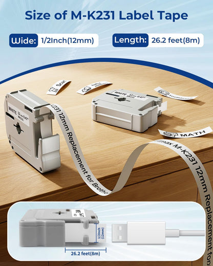 M-K231 12mm Replacement Label Tape for Brother P-Touch Label Makers - Compatible with Models PTM95, PT-90, PT-70, PT-65, PT-60, PT-45 (Not Compatible with PTD210, PTD220; Excludes TZ Tape)