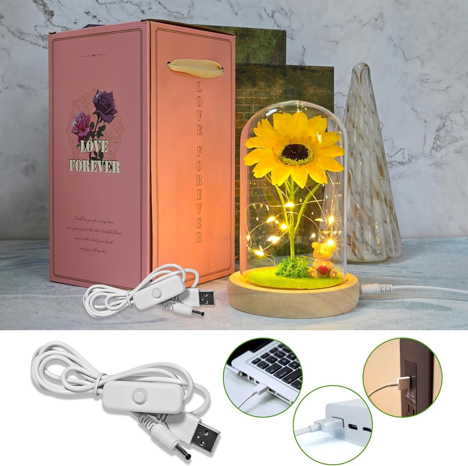 Elegant Artificial Sunflower in Glass Dome with LED Light - Perfect Gift for Women on Birthdays, Mother's Day, Valentine's Day, Anniversaries, and Christmas