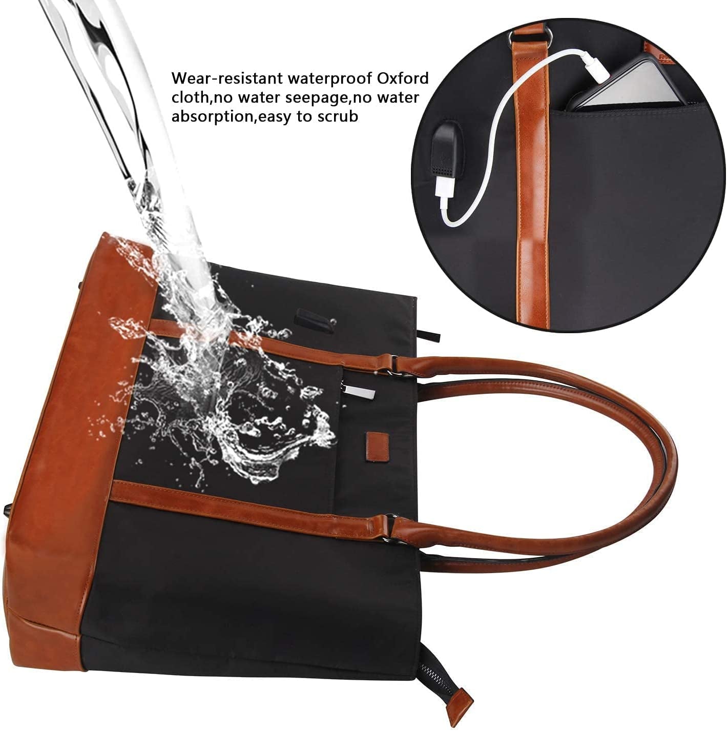 Women's Laptop Tote Bag - USB-Compatible, Large Work Purse for 17.3" Laptops, Lightweight Waterproof Shoulder/Messenger Bag (Black)