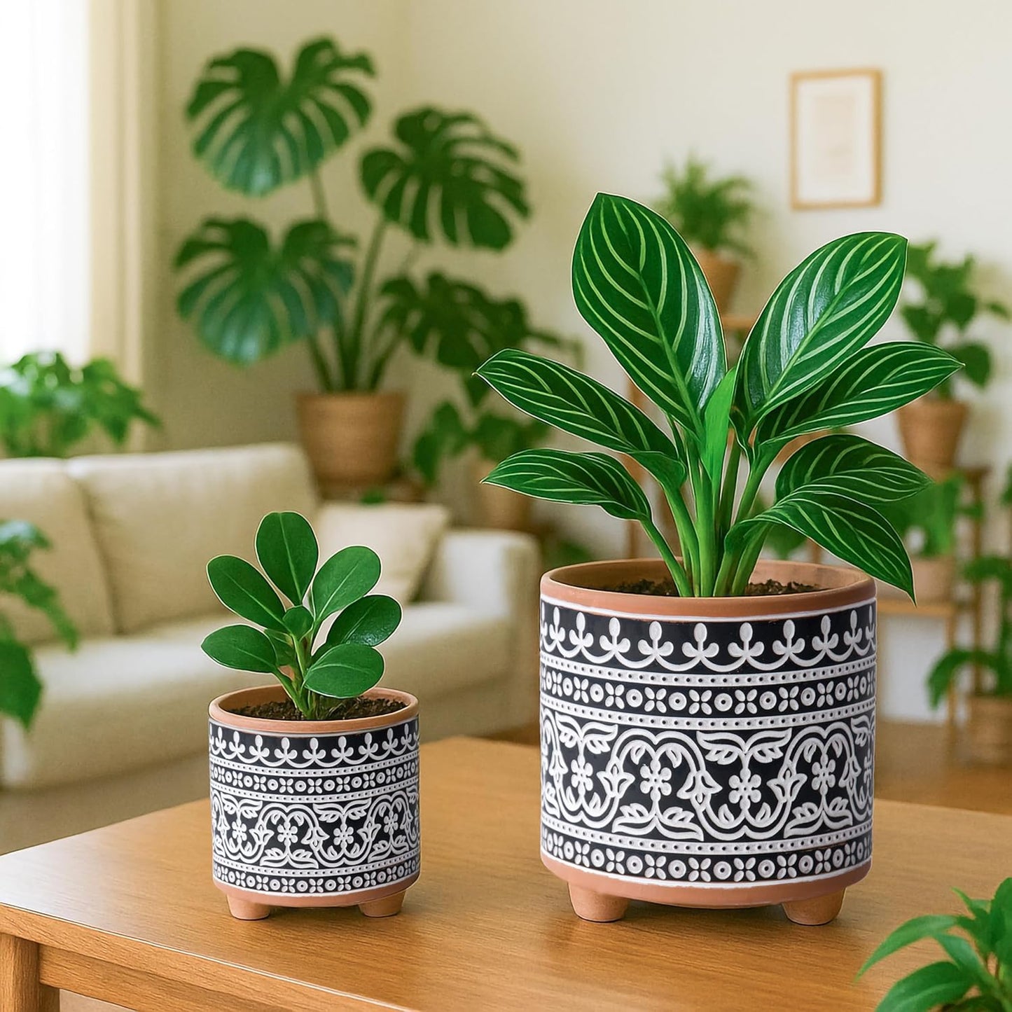 Set of Two Terracotta Planter Pots with Drainage Holes, 4-Inch and 6-Inch, Midnight Lace Design, Terracotta/Black