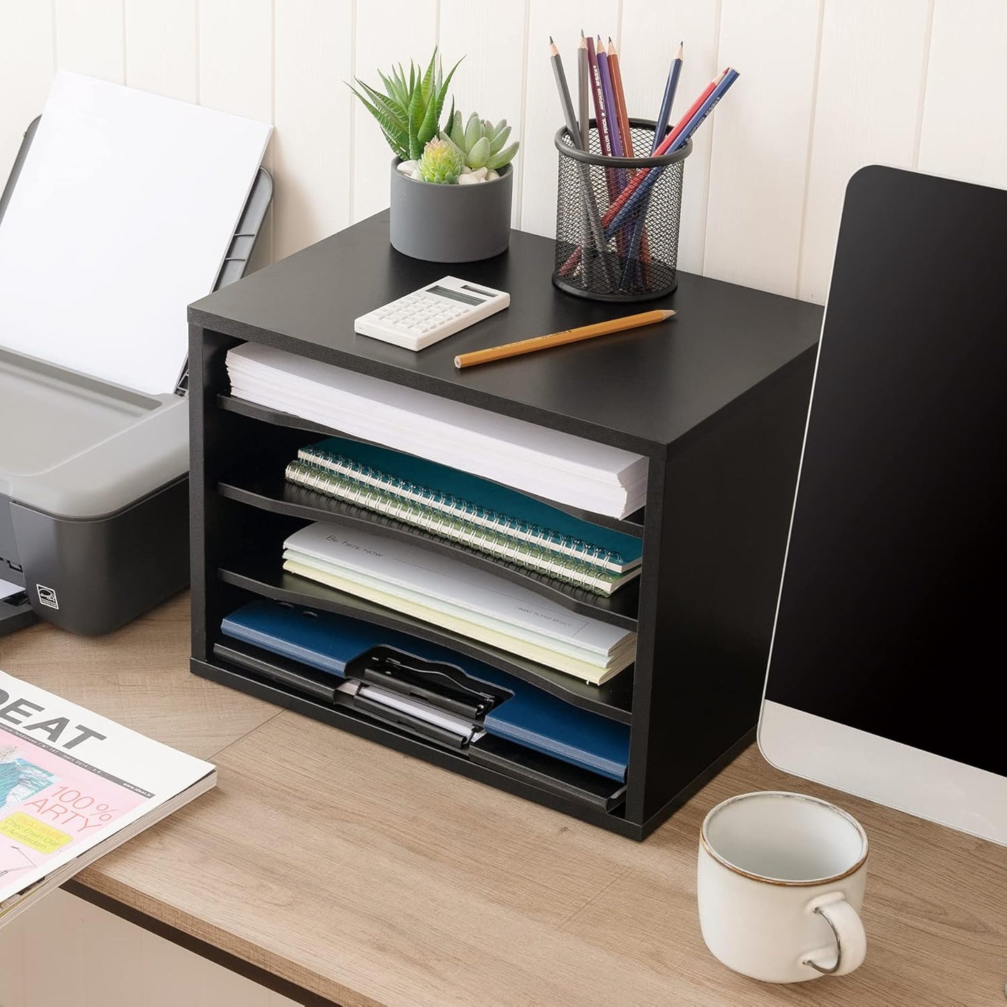 Wooden Desk Paper Organizer with Four-Tiered Storage, Adjustable Shelves for Document Sorting, Home Office File Holder in Black