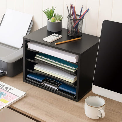 Wooden Desk Paper Organizer with Four-Tiered Storage, Adjustable Shelves for Document Sorting, Home Office File Holder in Black