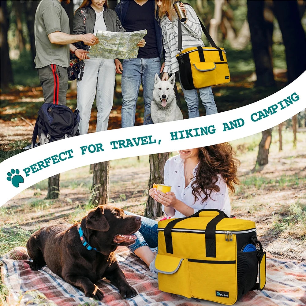Medium Dog Travel Bag with Food Storage Containers and Bowls, Yellow, 22L Capacity