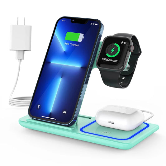 2025 Upgraded 18W 3-in-1 Wireless Charging Station for iPhone 16/15/14/13/12/11 Pro, AirPods, Apple Watch Series 10-3, and Samsung Phones (Green)