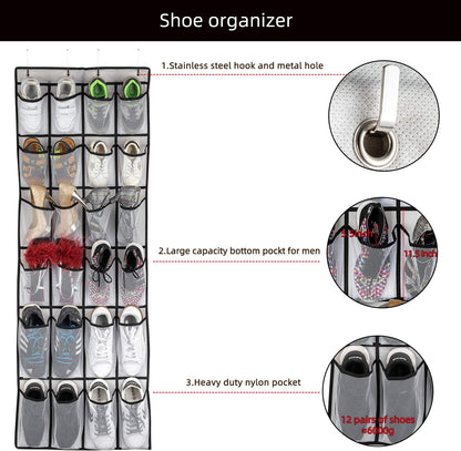 Over-the-Door Shoe Organizer with 24 Large Mesh Pockets - Versatile Hanging Storage Solution for Men, Women, and Kids (White)