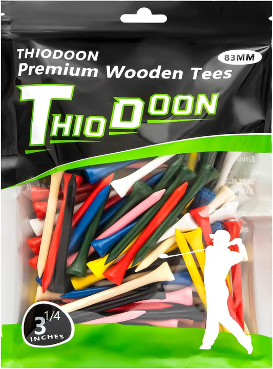 Professional Natural Wood Golf Tees, Pack of 100 in Multiple Sizes and Colors, Designed to Minimize Side Spin and Friction