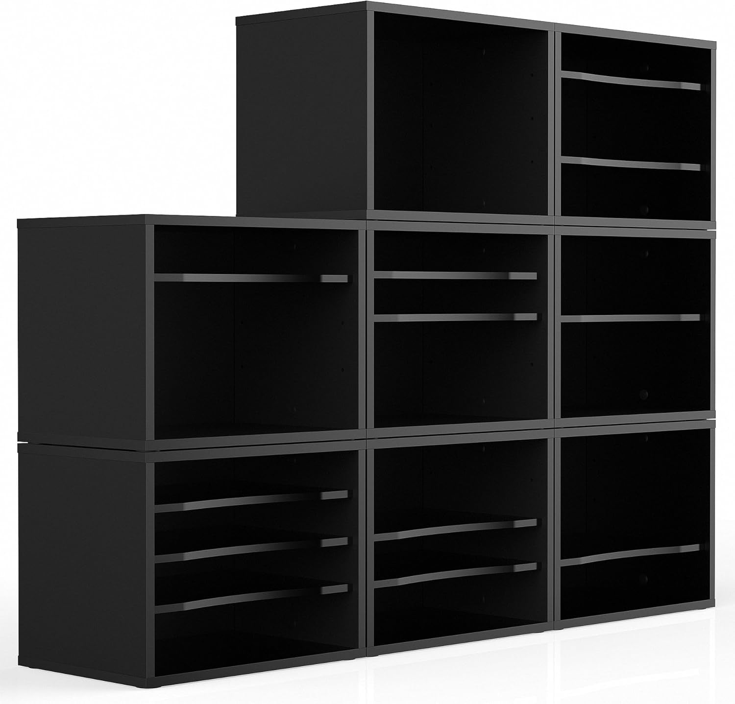Wooden Desk Paper Organizer with Four-Tiered Storage, Adjustable Shelves for Document Sorting, Home Office File Holder in Black