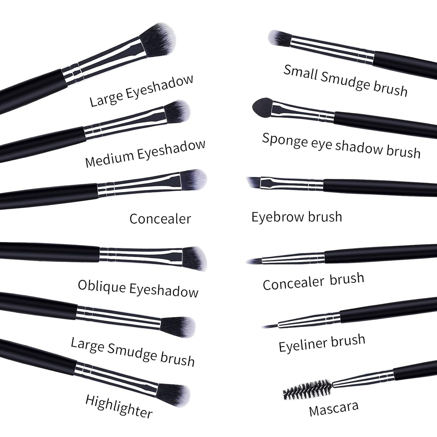 12-Piece Professional Eye Makeup Brush Set with Soft Synthetic Bristles and Extended Wooden Handles for Eyeshadow, Eyeliner, Eyebrow, Blending, and Concealer (Black)