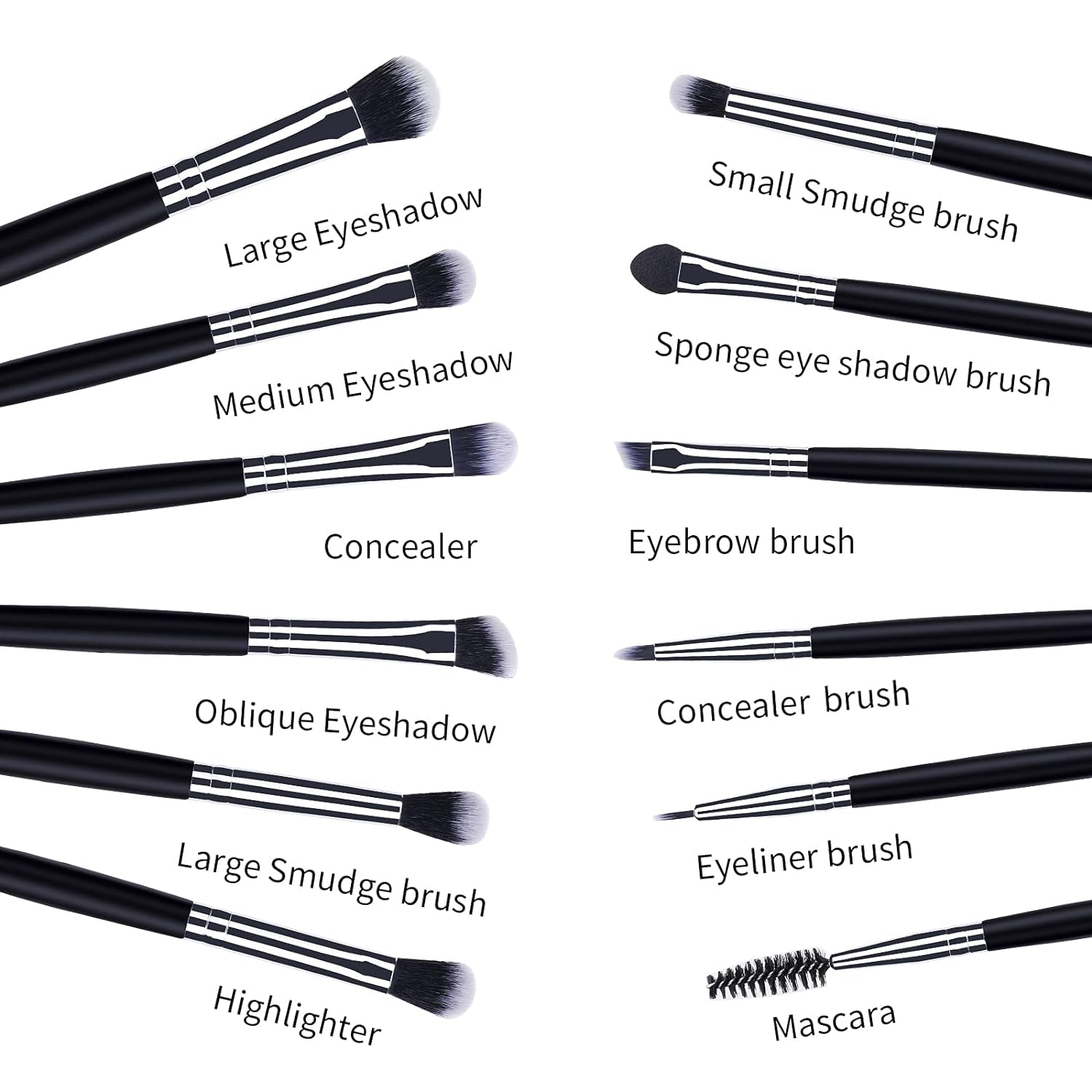 12-Piece Professional Eye Makeup Brush Set with Soft Synthetic Bristles and Extended Wooden Handles for Eyeshadow, Eyeliner, Eyebrow, Blending, and Concealer (Black)