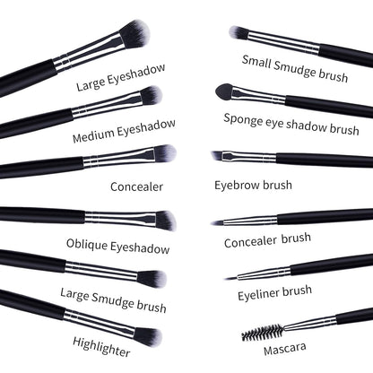 12-Piece Professional Eye Makeup Brush Set with Soft Synthetic Bristles and Extended Wooden Handles for Eyeshadow, Eyeliner, Eyebrow, Blending, and Concealer (Black)