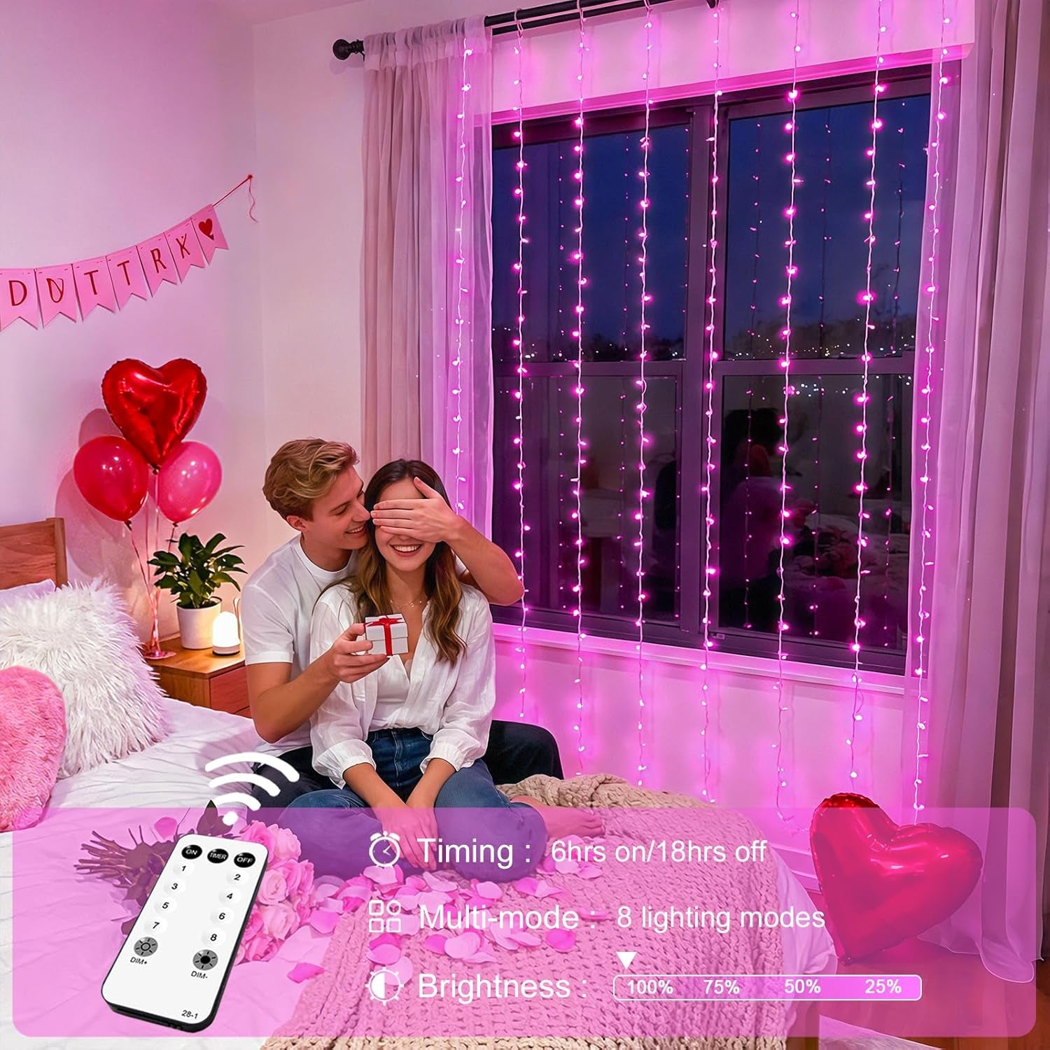300 LED Pink Curtain Lights with Remote Control - Versatile Indoor/Outdoor Décor for Bedrooms, Parties, and Special Occasions, 9.8 x 9.8 Ft