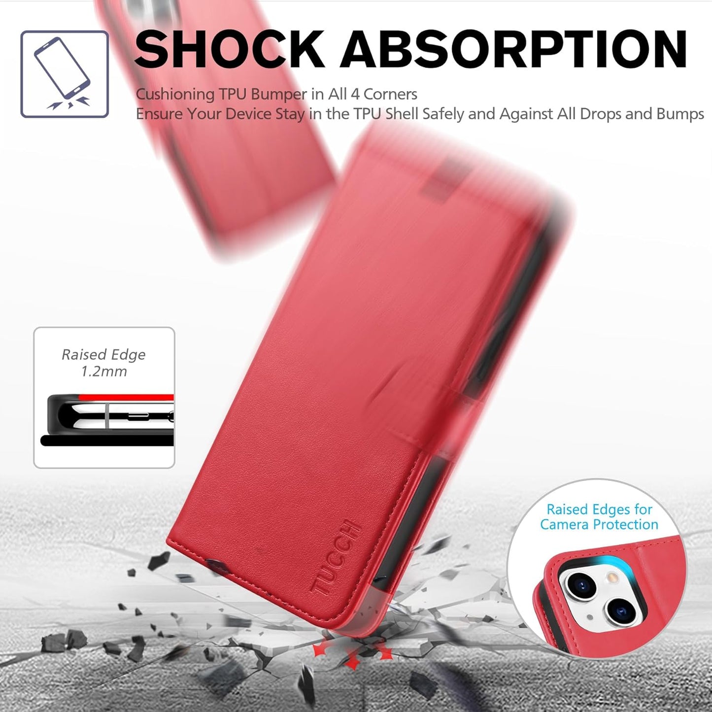 iPhone 13 6.1-Inch Wallet Case with RFID Blocking, Card Slots, Shockproof TPU Interior, PU Leather Magnetic Flip Cover - Red