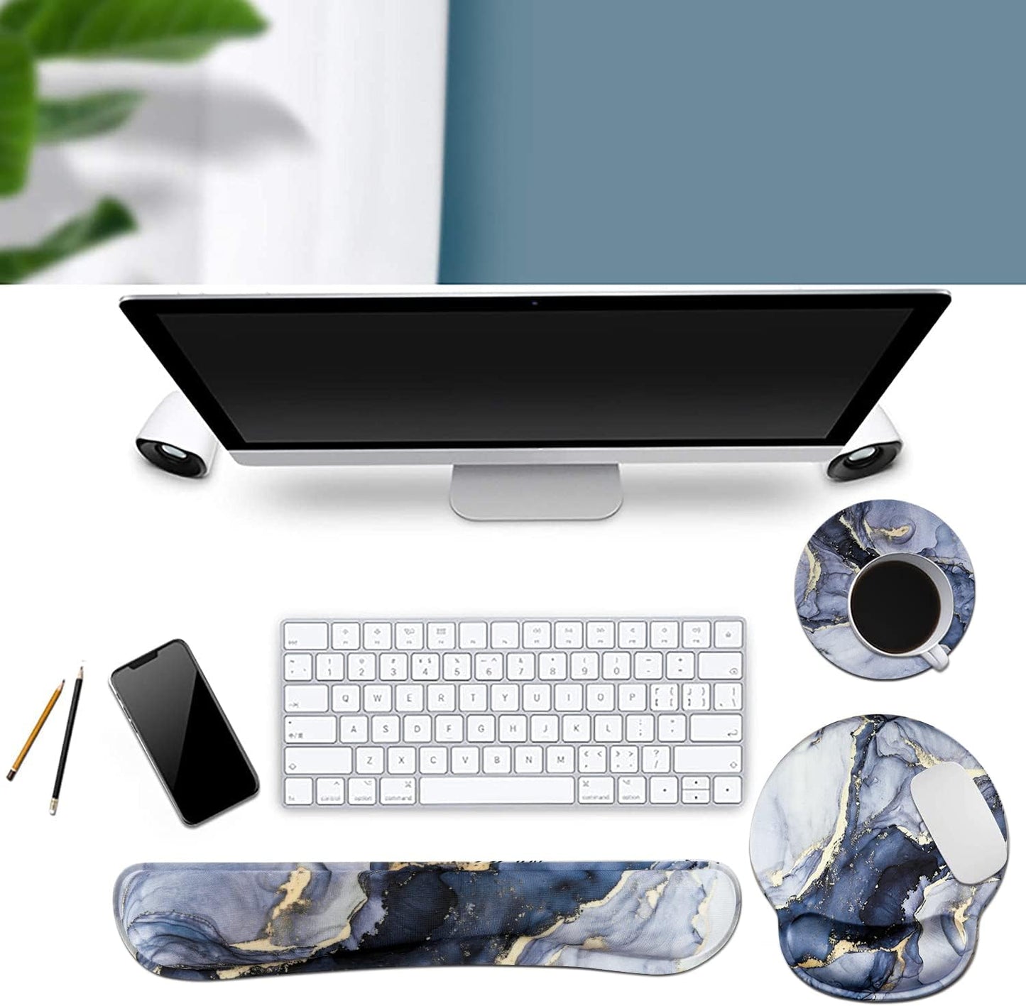 Ergonomic Dark Blue Marble Mouse Pad and Keyboard Wrist Rest Set with Non-Slip Base and Coasters for Enhanced Comfort and Pain Relief in Home and Office