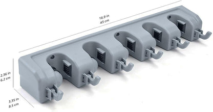 Rectangular Wall-Mounted Broom Holder and Garden Tool Organizer with 6 Hooks and 5 Slots, Dimensions: 43 x 8.5 x 6.2 cm, Gray