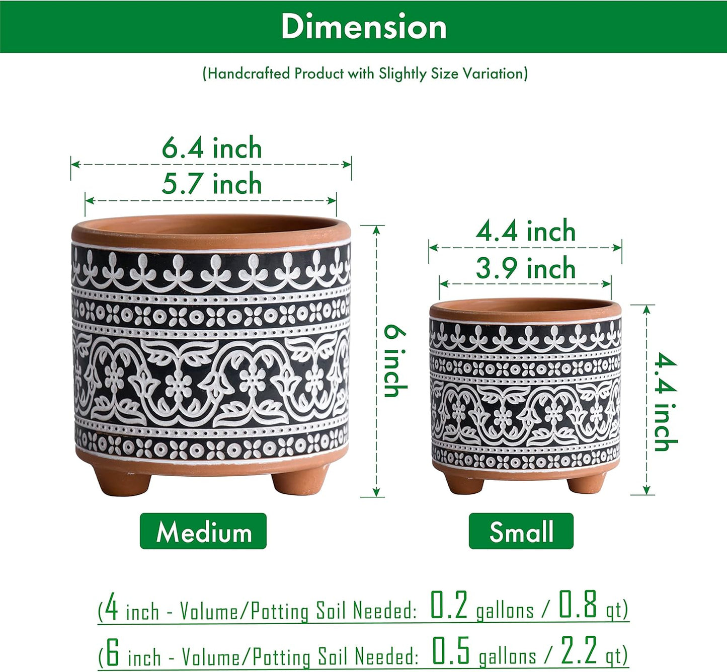 Set of Two Terracotta Planter Pots with Drainage Holes, 4-Inch and 6-Inch, Midnight Lace Design, Terracotta/Black