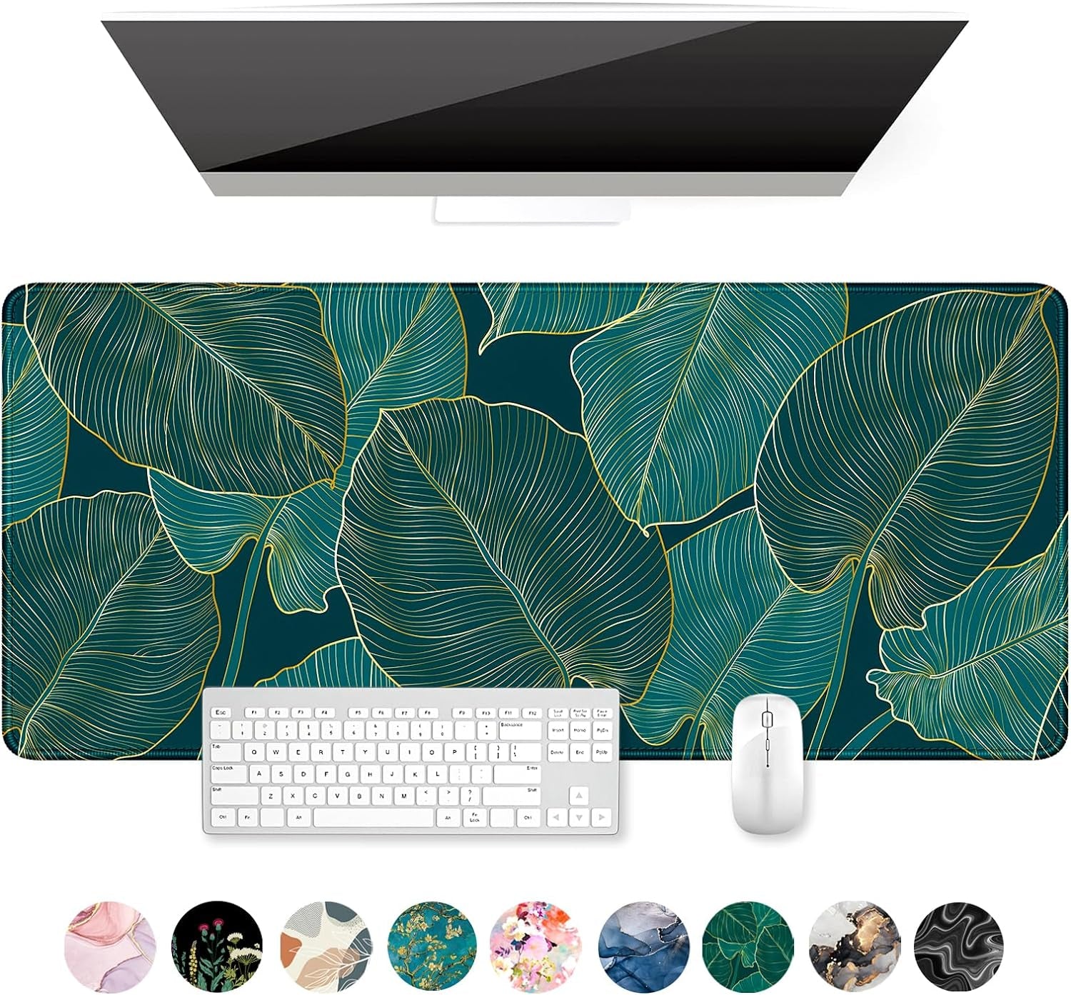 Extra Large Desk Mat with Tropical Leaf Design, Extended Gaming Mouse Pad for Keyboard and Laptop, 35.5 x 15.7 inches