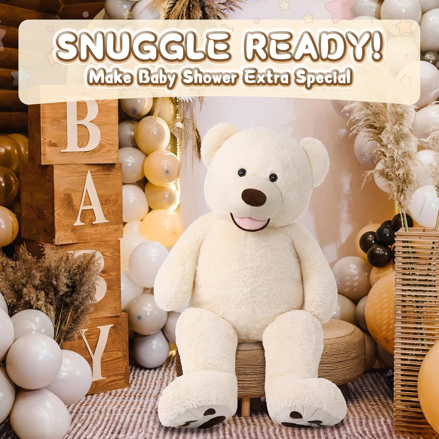 Extra Large Beige Teddy Bear - 39-Inch Plush Stuffed Animal with Oversized Footprints, Perfect Gift for Children