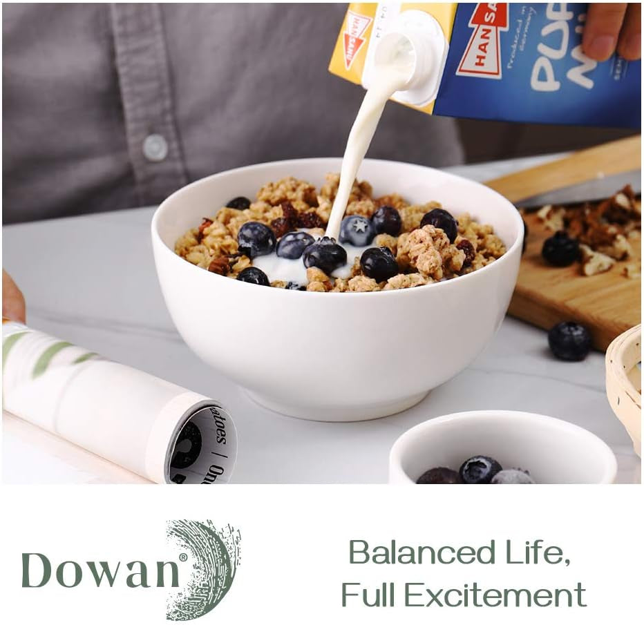 22-Ounce Porcelain Soup and Cereal Bowls Set - Dishwasher & Microwave Safe, Elegant White Serving Bowls for Salad, Rice, Pasta, and Oatmeal