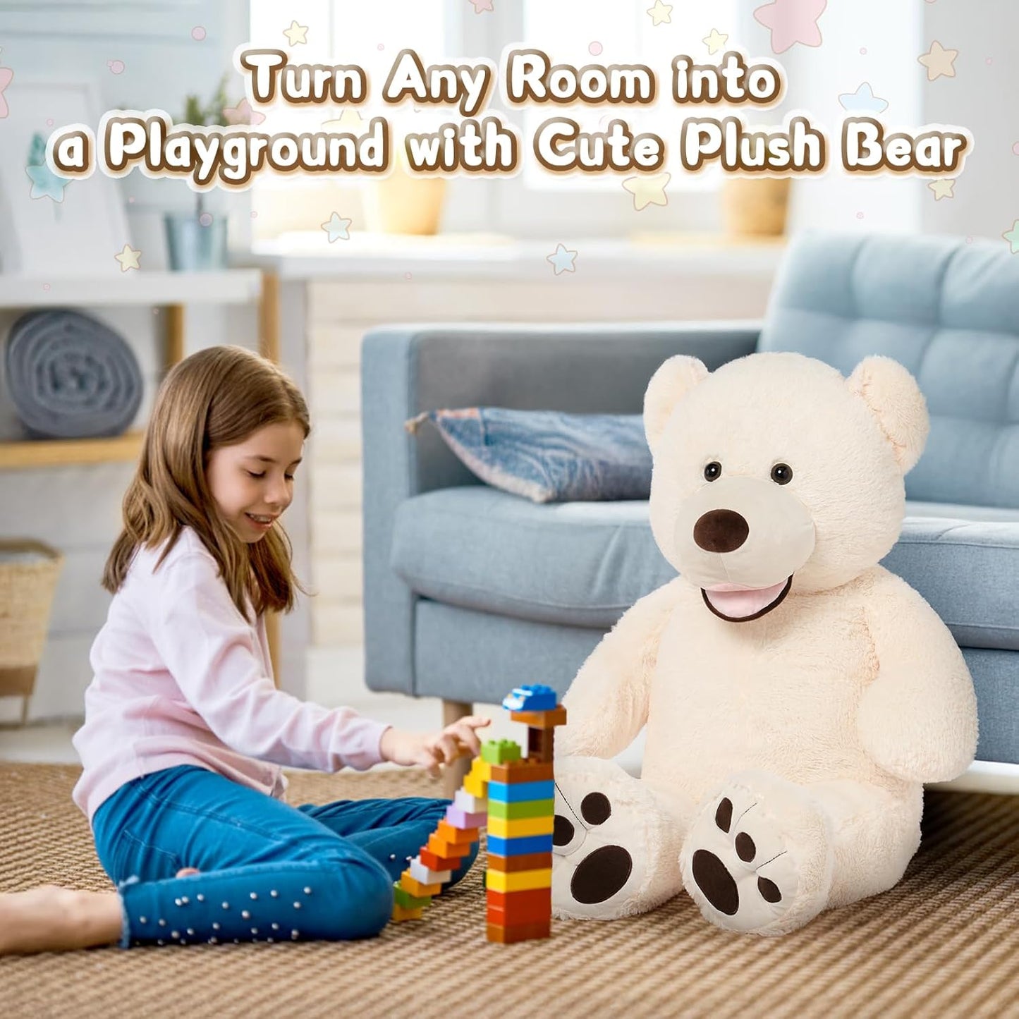 Extra Large Beige Teddy Bear - 39-Inch Plush Stuffed Animal with Oversized Footprints, Perfect Gift for Children