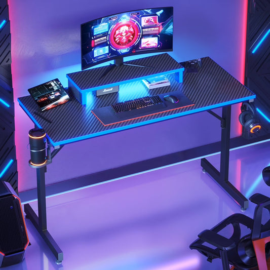 42-Inch Gaming Desk with LED Lights, Monitor Stand, Hook, and Cup Holder in Blue