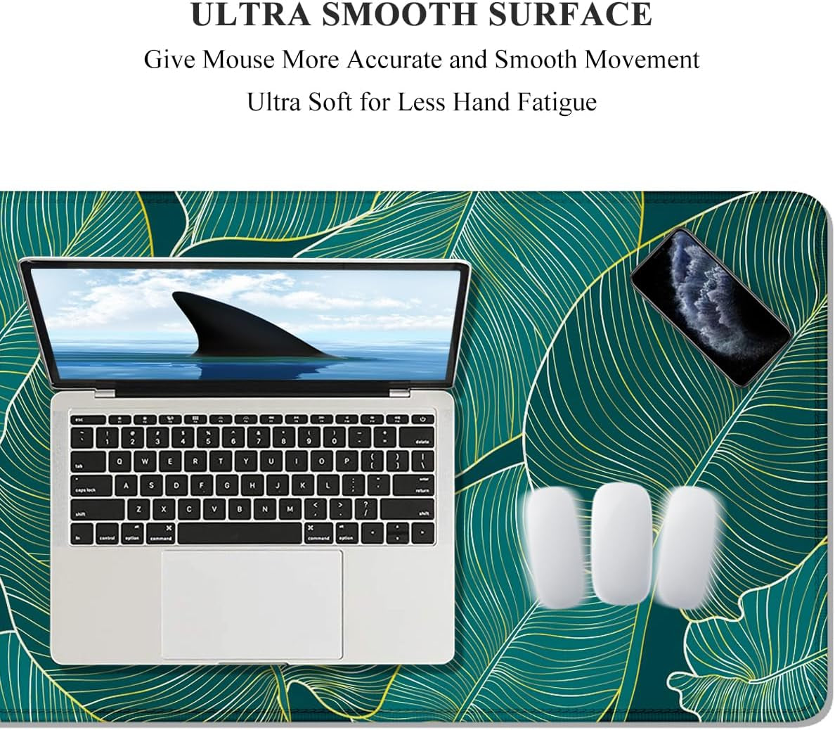 Extra Large Desk Mat with Tropical Leaf Design, Extended Gaming Mouse Pad for Keyboard and Laptop, 35.5 x 15.7 inches