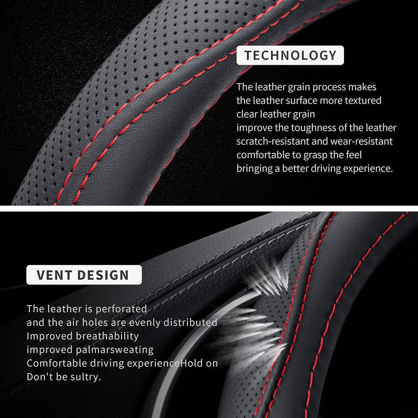 Microfiber Leather 15" Universal Fit Car Steering Wheel Cover, Elastic Breathable and Odorless, Black with Red Accent