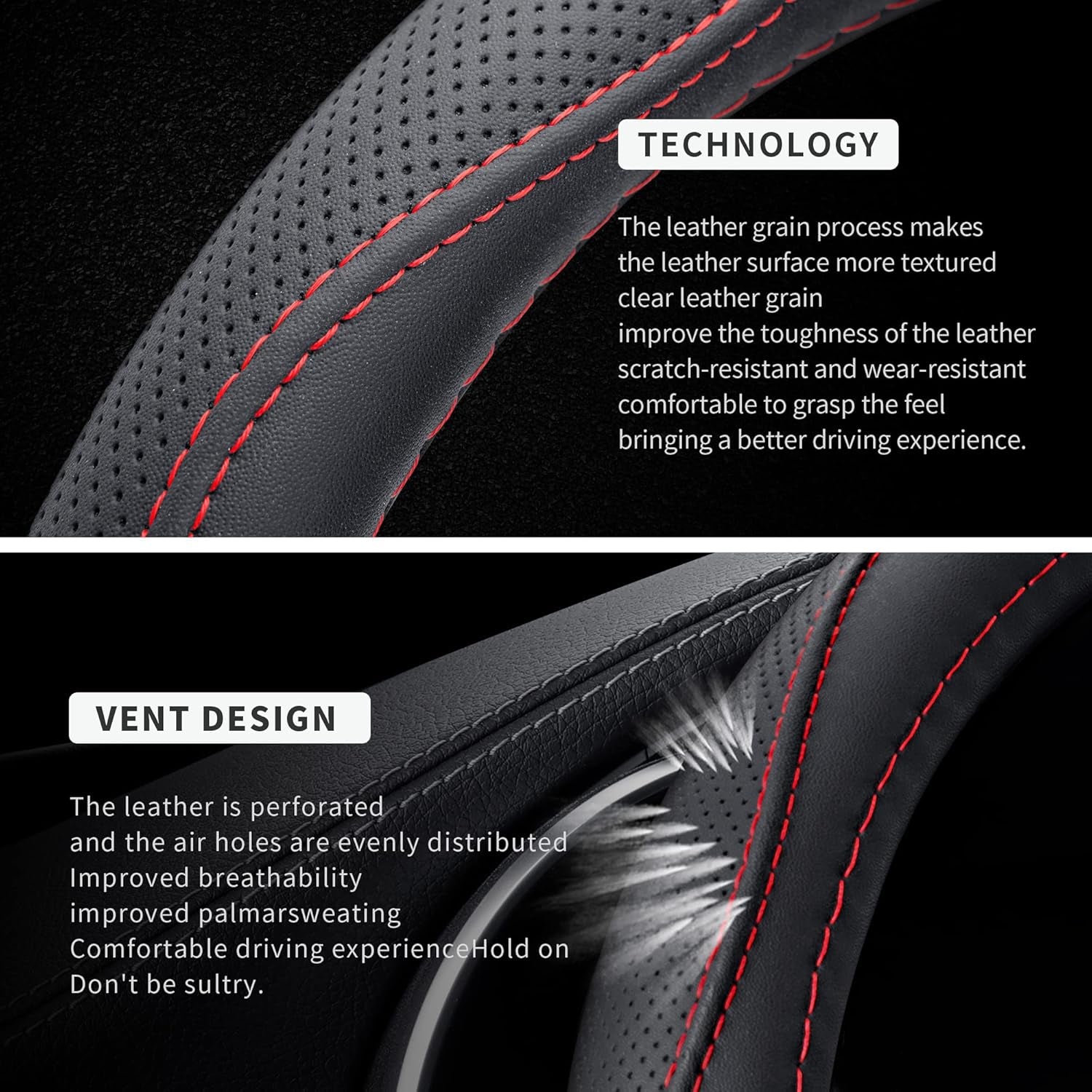 Microfiber Leather 15" Universal Fit Car Steering Wheel Cover, Elastic Breathable and Odorless, Black with Red Accent