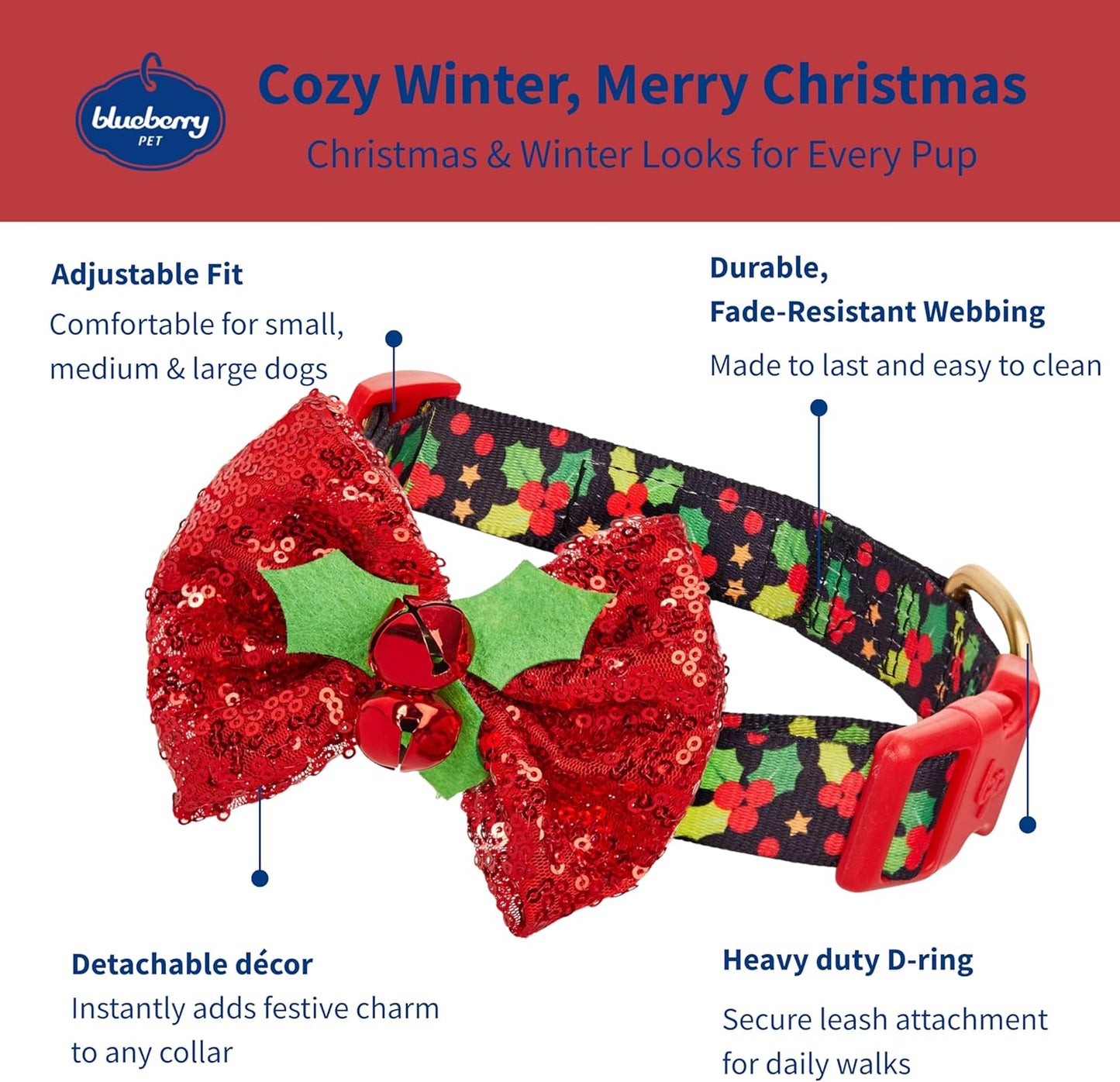 Christmas Holly Dog Collar with Bowtie, Adjustable 12"-16" Neck, Festive Collar for Small Dogs