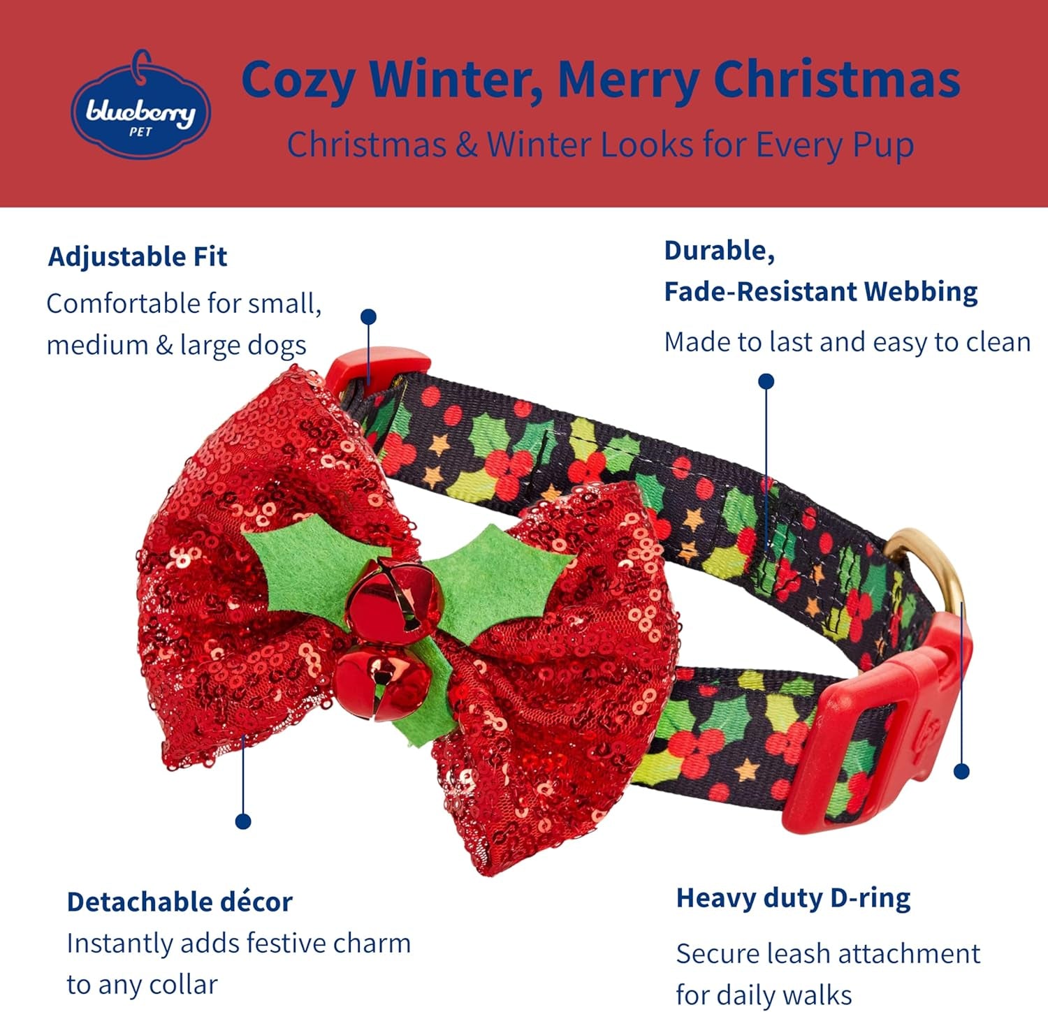 Christmas Holly Dog Collar with Bowtie, Adjustable 12"-16" Neck, Festive Collar for Small Dogs